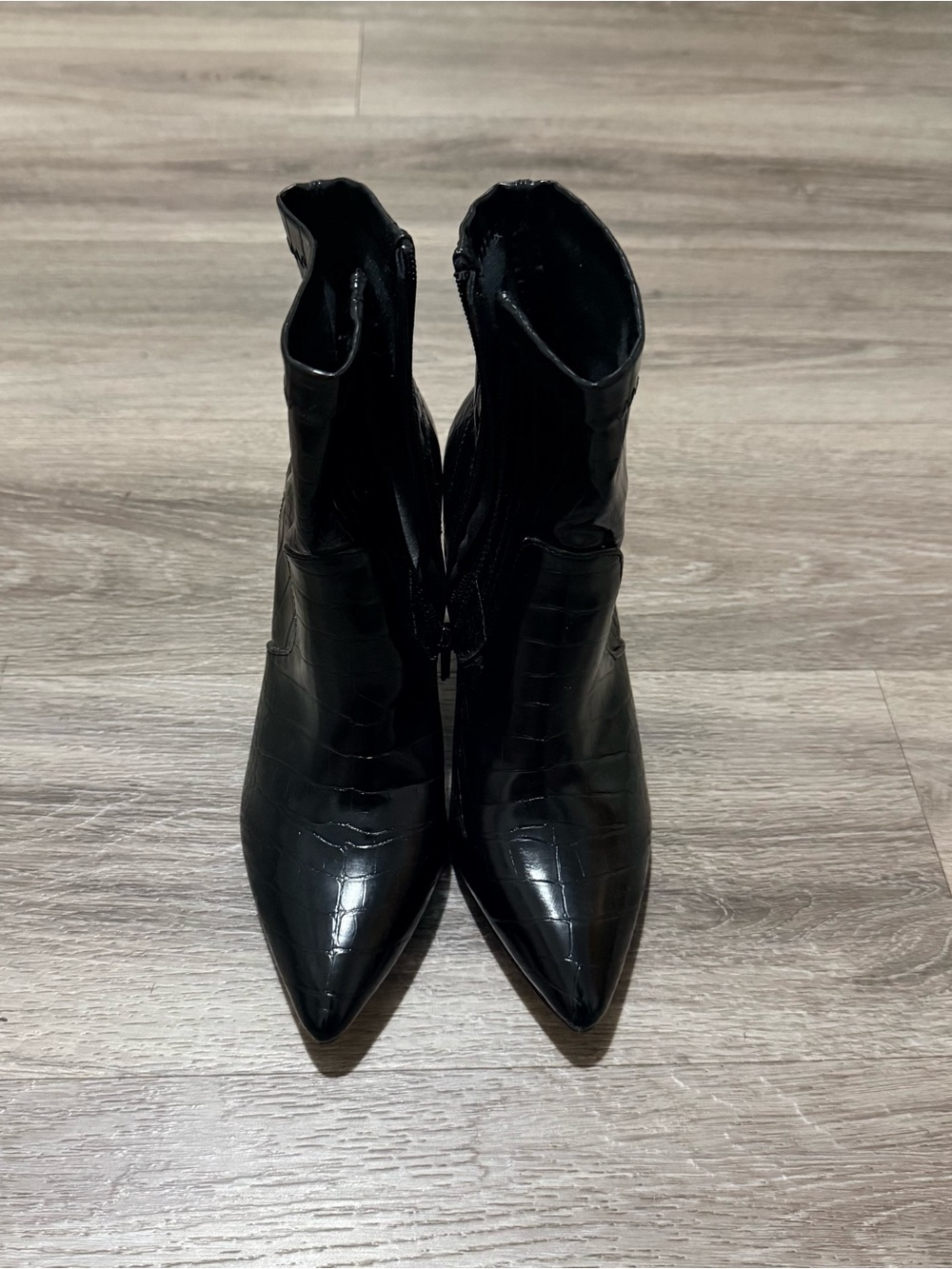Catherine Malandrino Black Croc-Embossed Pointed Ankle Boots